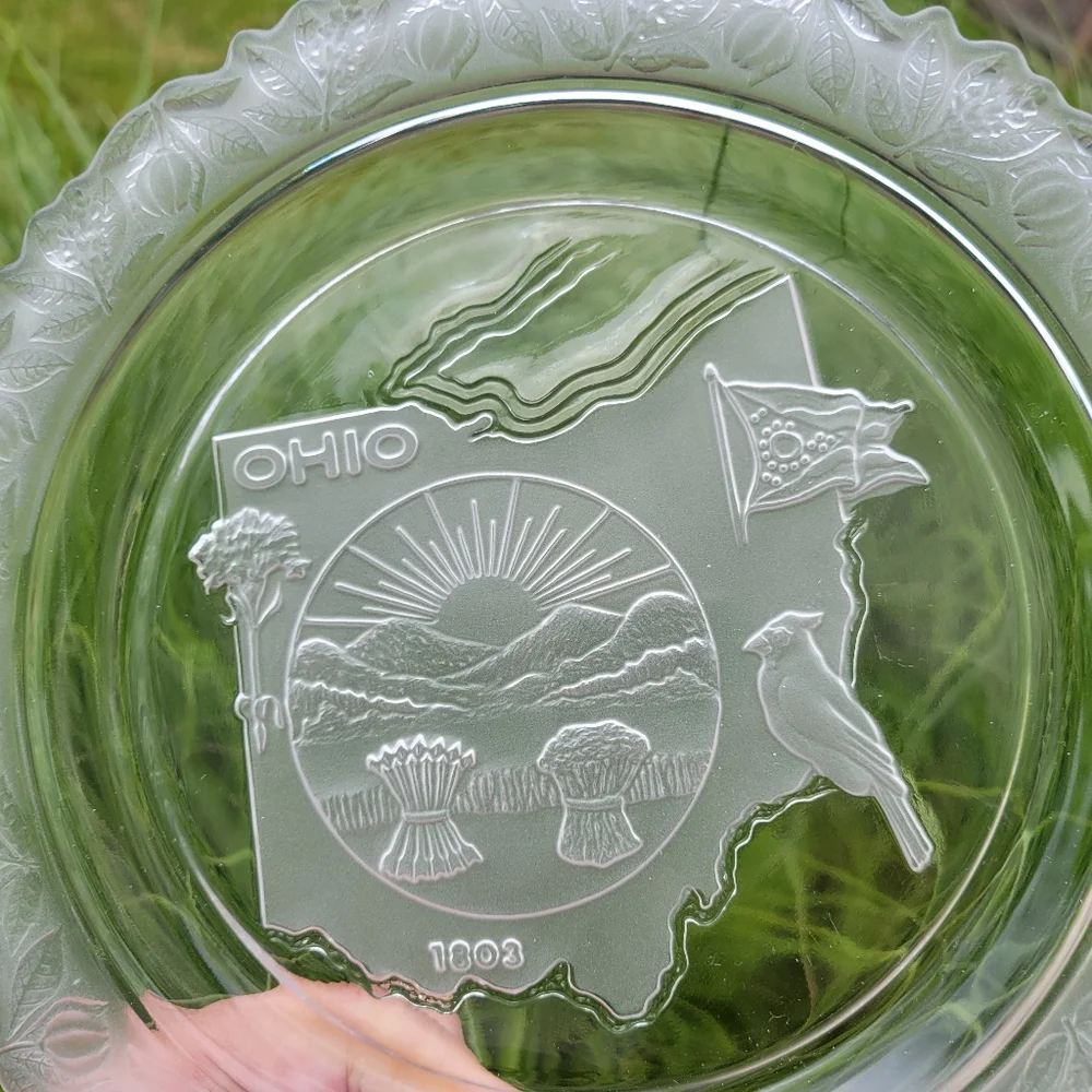 Ohio Souvenir Glass Plate ~ Frosted Floral Rim ~ Ohio Seal, Bird, Flag ~ FINAL!